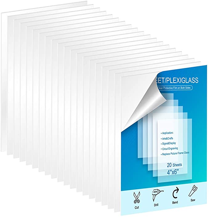 20 Pack of 4x6” Transparent Acrylic Sheet/PETG Sheet 0.040” Thick; Use for Crafting Projects, Picture Frames, Cricut Cutting and More;DIY Projects Picture Frame Glass Replacement Signs and Painting