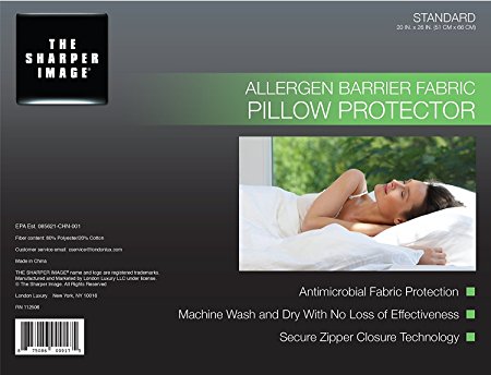 The Sharper Image Allergen Barrier Pillow Protector - Standard Size - Hypoallergenic - Premium Zippered Closure Antimicrobial Cotton & Polyester Washable Cover - Lifetime Warranty