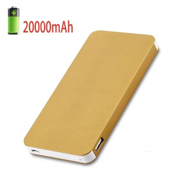 20000mAh Ultra Slim High Capacity Aluminum Metal Smart Dual USB Power Bank, External Battery Pack Portable Charger with Quick Charge for iPad,iPhone,Samsung,HTC,Sony,LG,Nexus and Other Devices (Gold)