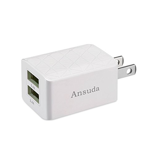 Wall Charger Ansuda 4.8A 24W Dual USB Smart Technology Travel Adapter for iPhone 7 6 6S Plus 5 5S iPad Pro Galaxy S7 S6 Edge S5 Nexus HTC and more. (1-PACK)