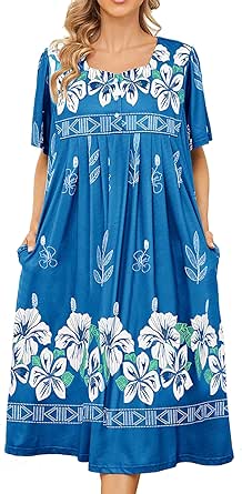 Bloggerlove Nightgown for Women Hawaiian Muumuu House Dress Print Lounger Patio Dress with Pockets Moomoo