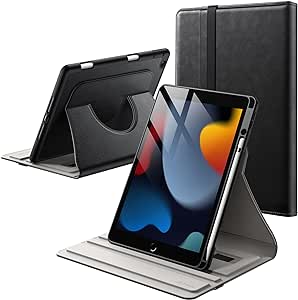 JETech Drehbare Hülle für iPad 9/8/7 (10,2 Zoll, Modell 2021/2020/2019, 9./8./7. Generation) mit Stifthalter, 360 Grad Drehbare PU Leder Folio Schutzhülle (Schwarz)