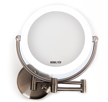 Led light wall mount mirror 1x/10x-8.6"D 17.5 length. Satin nickel finish. 360 swivel control with AC adapter.