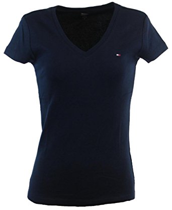 Tommy Hilfiger Womens V-Neck Solid Color Logo T-Shirt