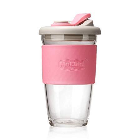 MoChic Reusable Coffee Cup Glass Travel Mug with Lid and Non-slip Sleeve Dishwasher and Microwave Safe Portable Durable Drinking Tumbler Eco-Friendly and BPA-Free (Pink,16 OZ)
