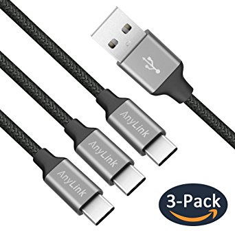 USB Type C Cable, AnyLink USB C Cable 3 Pack, Assorted Lengths Nylon Braided for Samsung Galaxy S8, Nexus 6P 5X, Google Pixel, Lg G5 G6, HTC 10 and More