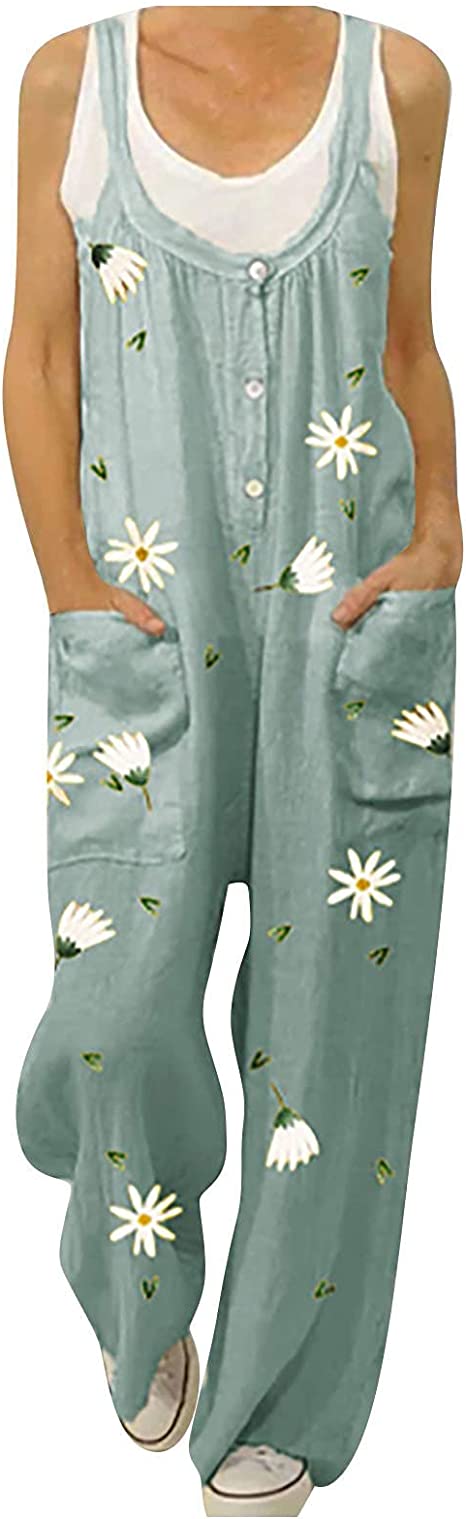 Jumpsuits For Women Fashion Women O-Neck Daisy Floral Print With Pockets Overalls Casual Baggy Pants Plus Size Romper