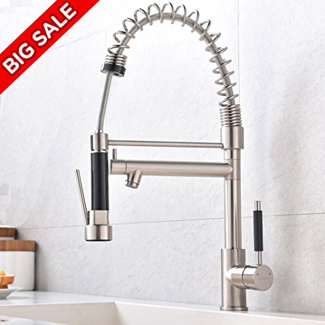 VCCUCINE Modern Commercial High Arch Brushed Nickel Stainless Steel Single Lever Pull Out Sprayer Kitchen Faucet, Two Spout Sprayer Kitchen Sink Faucet