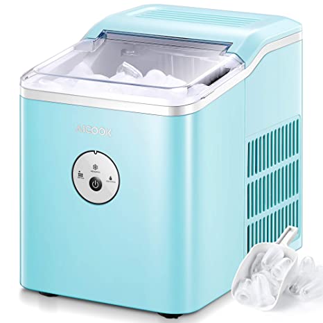 AICOOK Ice Maker Countertop, 28 lbs. Ice in 24 Hrs, 9 Ice Cubes Ready in 5 Minutes, Portable Ice Maker Machine 2L with LED Display Perfect for Parties Mixed Drinks, Ice Scoop and Basket (Mint Green)