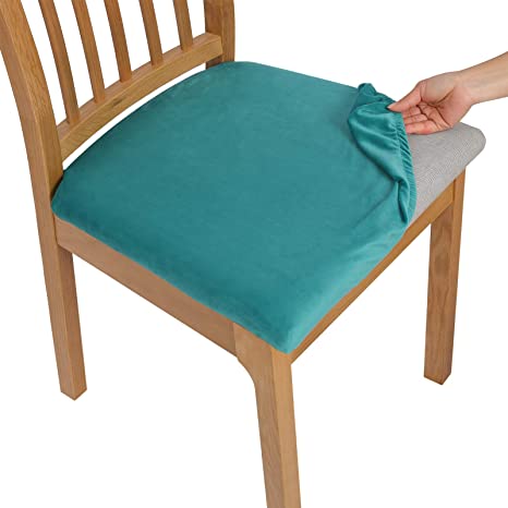 Soft Velvet Dining Chair Seat Covers, Stretchable Dining Room Upholstered Chair Seat Cushion Cover, Removable Washable Anti-Dust Kitchen Chair Protector Slipcovers - Set of 1, Teal