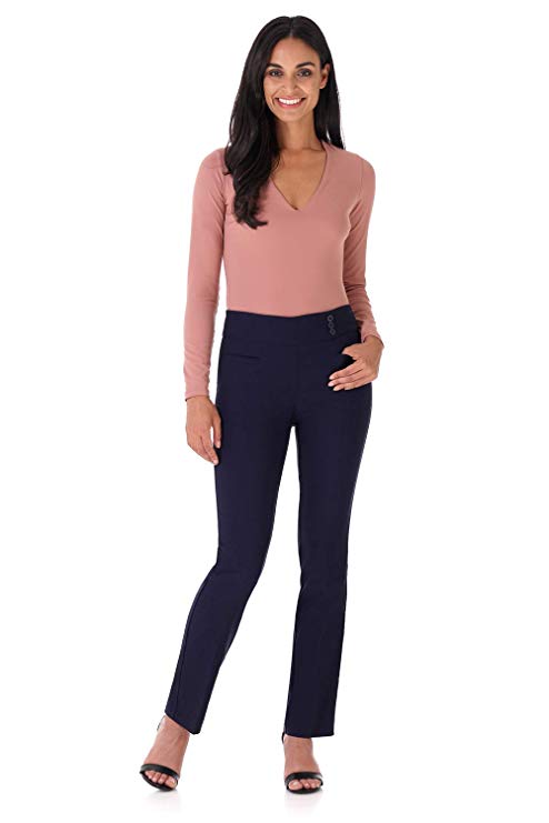 Rekucci Women's Ease Into Comfort Everyday Chic Straight Pant w/Tummy Control and Button Waist Detail