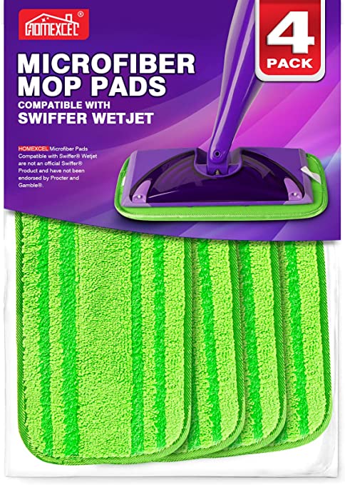 HOMEXCEL Microfiber Mop Pads Compatible with Swiffer Wet Jet, Reusable and Machine Washable Floor Mop Pad Refills, Mop Head Replacements for Multi Surface Wet & Dry Cleaning, Pack of 4