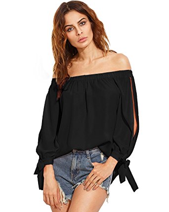 ZANZEA Women's Off The Shoulder Split Knotted Long Sleeve Blouse Loose Boat Neck Tie Cuff Top Shirts