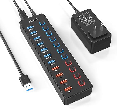 Powered USB Hub, JESWO 11-Port USB Hub 3.0 Splitter (7 USB 3.0 Data Transfer Ports   4 Smart Charging Port), USB Hub Powered with Individual LED On/Off Switches and 12V/3A Power Adapter