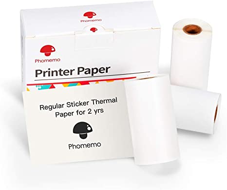 Phomemo White Self-Adhesive Thermal Paper, Glossy Printable Sticker Paper for Phomemo M02/M02 Pro/M02S/M03 Bluetooth Pocket Mobile Printer, Black on White, 50mm x 3.5m, Diameter 30mm, 3-Rolls