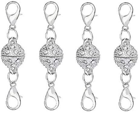 DNHCLL 4 PCS Strong Magnetic Lobster Clasp Converters, Spherical Magnetic Lobster Clasps with Rhinestone for DIY Jewelry Making Necklace Bracelet (Silver)