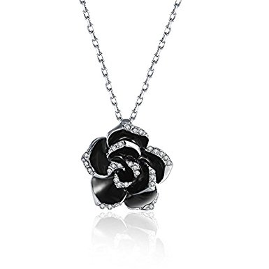 Women's Elegant Black Flower Rhinestone Crystal Pendant Necklace 18"Chain