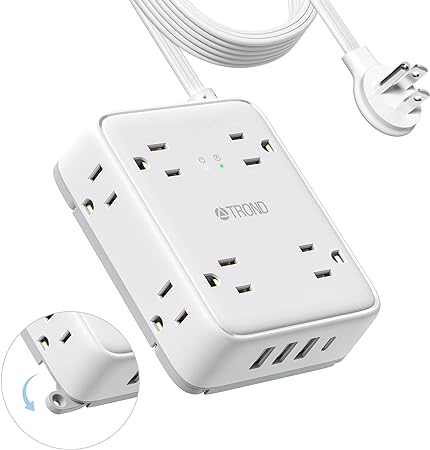 Surge Protector Power Strip with USB, TROND Ultra Thin Flat Plug 15ft Extension Cord 1625W, 3 USB A & 1 USB C, 8AC Outlets 1440J Surge Protection Wall Mount for Home Office Dorm Room Essentials, White