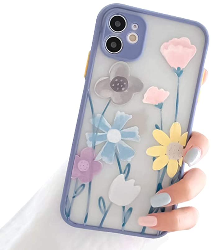 Ownest Compatible with iPhone 11 Case for Clear Flower Frosted PC Back 3D Floral Girls Woman and Soft TPU Bumper Protective Silicone Slim Shockproof Case for iPhone 11-Navy Blue