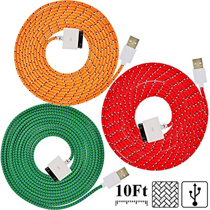 UNISAME [Pack of 3Pcs] 10Ft 3Meter Rugged Nylon Braided 30 Pin USB Charger Cord Charging & Sync Data Extension Cable for iPhone 4 4S 3GS 3G, iPad 2, iPad 3, iPod Touch 1/2/3/4 (Red/ Green/ Orange)