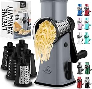 Zulay Rotary Cheese Grater 5 Blade Cheese Shredder - Manual Hand Crank Cheese Grater With Reinforced Suction & 5 Interchangeable Drums - Easy to Use Vegetable Chopper - Graphite Storm