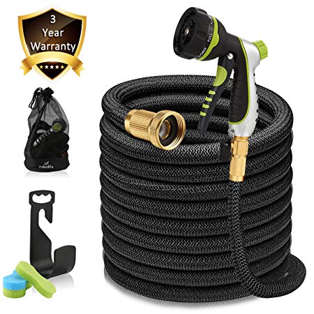 75ft Garden Hose - Expandable Water Hose with 13-Layer Latex Core, 3/4" Solid Brass Fittings, Extra-Flexible Fabric & 8 Pattern Spray Nozzle, 3-Year Warranty