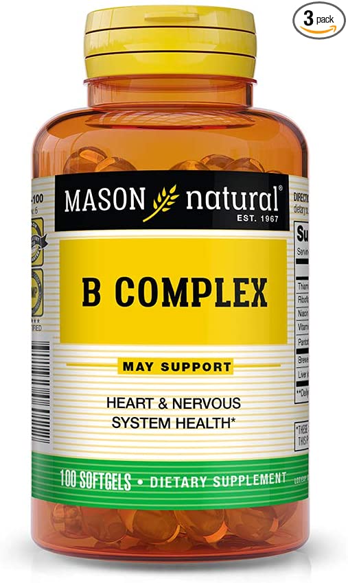 Mason Natural, Vitamin B Complex Multivitamin, Softgel, 100-Count Bottles (Pack of 3), Dietary Supplement Supports Energy Production, Nervous System, and Cognitive Function Including Memory