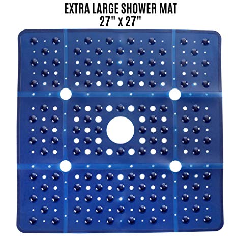 SlipX Solutions Extra Large Square Shower Mat Provides 65% More Coverage & Non-Slip Traction (27" Sides, 100 Suction Cups, Great Drainage) (Navy)