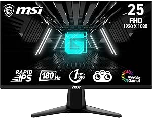 MSI G255F Écran gaming FHD 24,5 pouces - Dalle Rapid IPS 1920 x 1080, 180 Hz / 1ms (GtG), gamme de couleurs sRGB 99%, Adaptive-Sync - DP 1.2a, HDMI 2.0b CEC