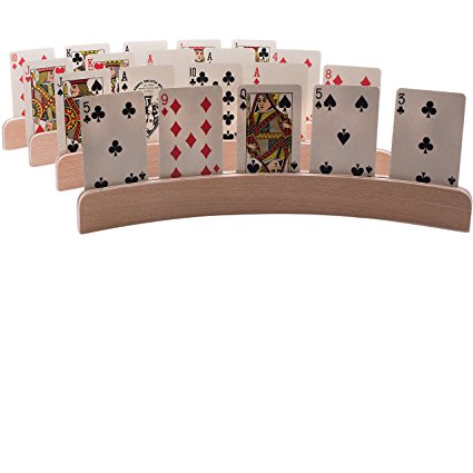 GrowUpSmart Set of 4 Wooden Playing Card Holders In Curved Design - 14" Size For Kids, Adults and Seniors alike