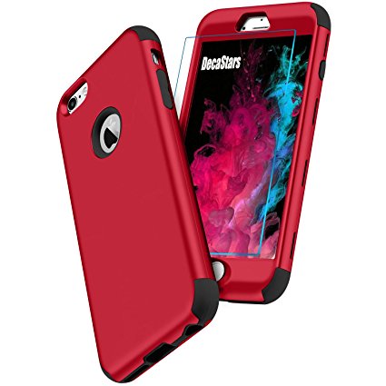 iPhone 6 Plus Case, DecaStars 360 Full Coverage 3-in-1 Armor Hard Back Cover [Tempered Glass Protector] Shockproof TPU Silicone Bumper Case for Apple iPhone 6/6S Plus [5.5 Inch] - Red