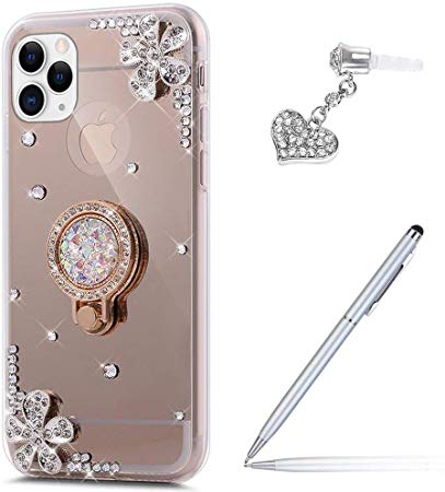 Case for iPhone 11 Pro Max Diamond Case,Crystal Inlaid diamond Flowers Rhinestone Diamond Glitter Bling Mirror Back TPU Case & Ring Stand   Touch Pen Dust Plug for iPhone 11 Pro Max Mirror Case,Gold