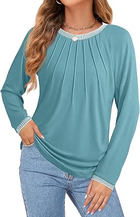 MEROKEETY Women's 2024 Fall Long Sleeve Tops Pleated Crew Neck Color Block Casual Loose Tee Shirts