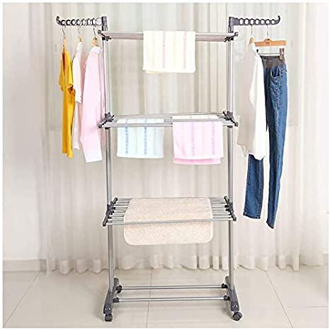 OCDAY Clothes Drying Rack Foldable, 3-Tier Collapsible, Rolling Large Clothes Airer, Stainless Laundry Dryer Hanger with Casters for Indoor (Grey)