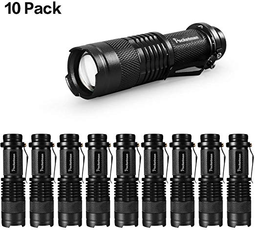 10 Pack Mini Flashlights LED Flashlight 300lm Adjustable Focus Zoomable Light (Black)