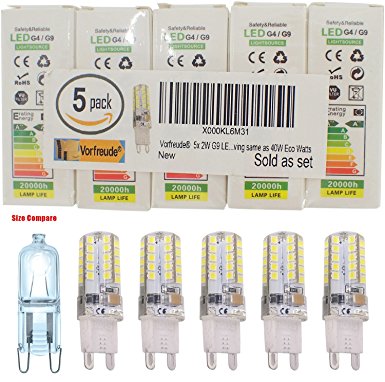 █ Vorfreude® ► 5x 2W G9 LED Bulbs 240v ► Pack of 5 ► 90,000 Hour, 4,500% longer life, Warm White Dimmable Capsules Energy Saving same as 40W Eco Watts