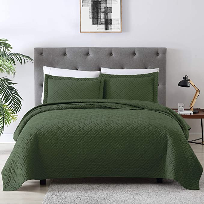 EXQ Home Quilt Set Full Queen Size Olive Green 3 Piece,Lightweight Microfiber Coverlet Modern Style Squares Pattern Bedspread Set