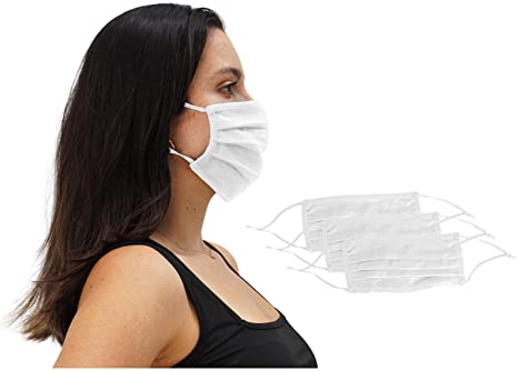 3 Pack White Unisex Pleated Reusable Fabric Face Mask with Adjustable Elastic, 2 Layer, Washable, Nose Wire (OS, 3 Pack White)