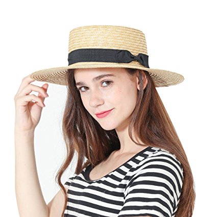Womens' Panama Sun Hat Boater Handwoven Straw Hat for Summer