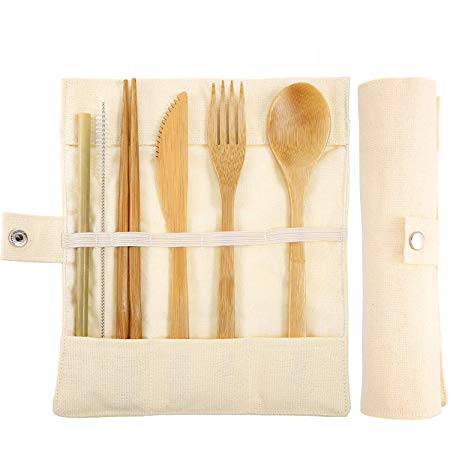 Bamboo Utensils Travel Set, Reusable Natural Bamboo Cutlery Set of 6 Includes 7.9 Inch Knife Fork Spoon Straw Chopstick and Cleaner - for Family Travel Camping Friends Dinner