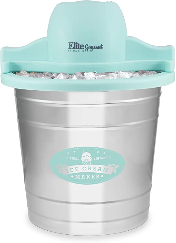 Elite Gourmet EIM-308L# 4 Qt. Electric Motorized Maker Ice & Rock Salt, 4Qt. Freezing Canister, Creamy Ice Cream, Gelato, Frozen Yogurt, or Sorbet, Recipe Booklet, 4 Quart, Mint