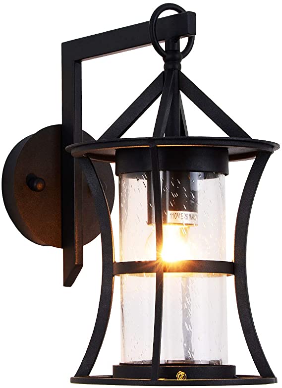 Small Outdoor Wall Light Fixtures Modern Exterior Wall Lantern Waterproof IP65, Black Finish with Seeded Glass Outdoor Wall Sconce for Outside Garage Driveway Patio Porch Lighting, Black