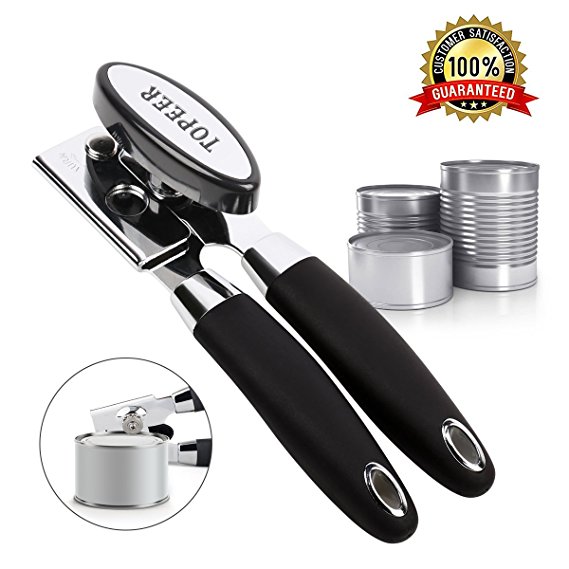 Can Opener Manual Smooth Edge with Heavy Duty Stainless Steel Black Easy Use For Seniors and Arthritis By Topeer