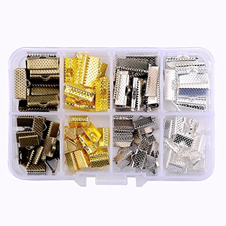 In A Box(120pcs/box) Kit with Mixed Color 10mm and 16mm Ribbon Bracelet Bookmark Pinch Crimp Clamp End Findings Cord Ends Leather Crimp Ends Jewelry Making Findings