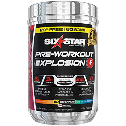 Six Star Explosion Pre Workout, Powerful Pre Workout Powder with Extreme Energy, Focus and Intensity, Rainbow Candy, 15.66oz