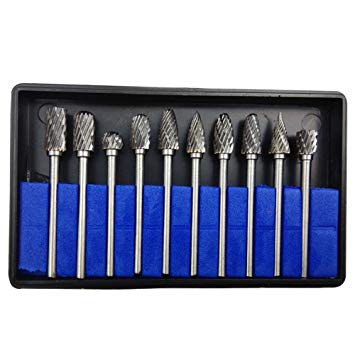 Bestgle 10 Pcs Carbide Rotary Carving Burrs Cutter Tungsten Steel Solid Double Cut Die grinder Burrs Set with 1/8(3mm) Shank Drill Bit Fits for Dremel Rotary Tool