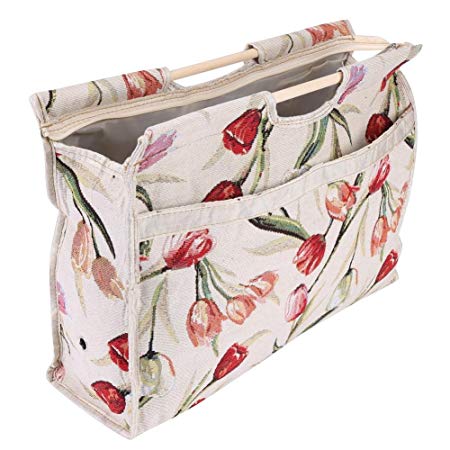 Knitting Tote Bag,Exquisite Practical Wood Handle Woven Fabric Storage Bag for Knitting Needles Sewing Tools(Red Flower)