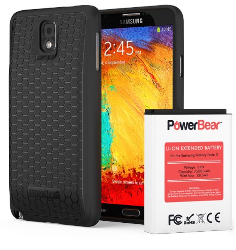 PowerBear Samsung Galaxy Note 3 7500mAh Extended Battery with Back Cover and Protective Case Up to 23X Extra Battery Power - Black 24 Month Warranty and Screen Protector Included