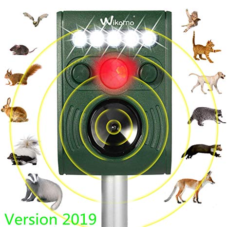 Wikomo Ultrasonic Solar Powered Animal Repeller, Waterproof Outdoor Repeller with Ultrasonic Sound, LED Flashing Light and Motion Sensor for Cats, Dogs, Squirrels, Racoon Groundhog Skunk New Version
