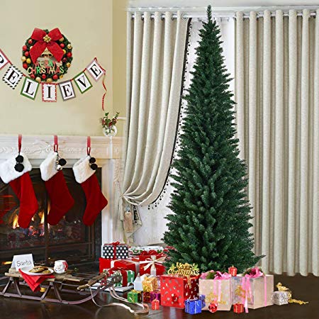GYMAX 5FT 6FT 7FT 8FT Green Pencil Slim Christmas Tree, Artificial Traditional Xmas Tree, Indoor Outdoor Christmas Decoration and Gift (240 cm/8 ft)